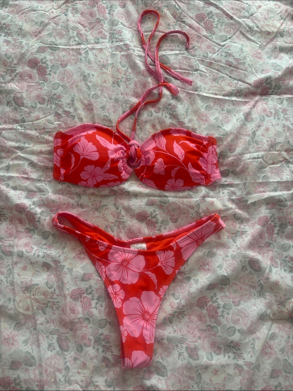 Women's Pink Floral Bandeau Bikini Set - Pink